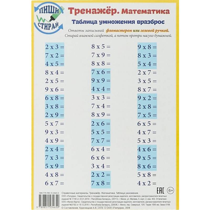 Математика. Таблица умножения. Тренажер, А5